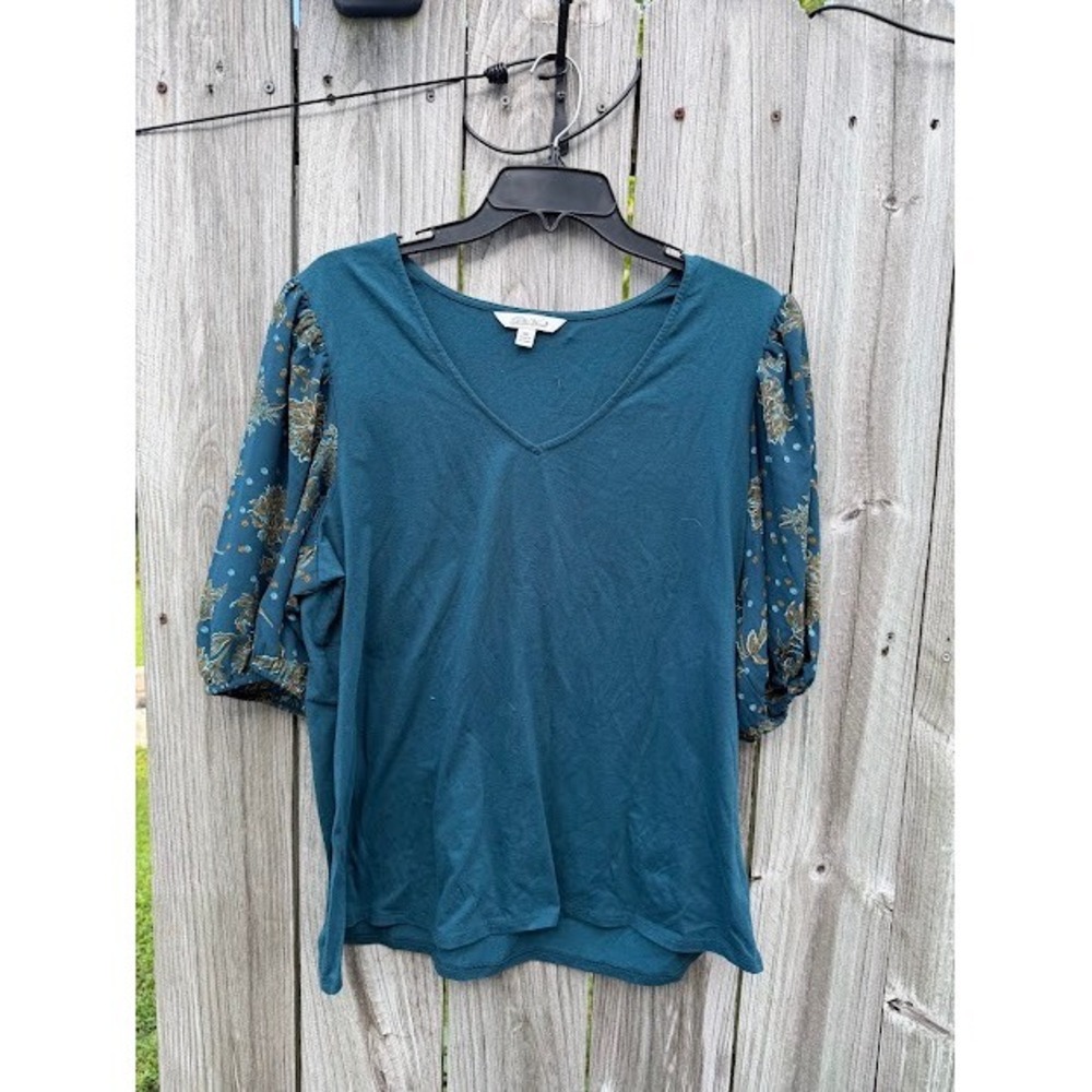 Cottagecore Boho Pioneer Woman Mixed Media Top XXL Teal Floral Puff V-Neck
